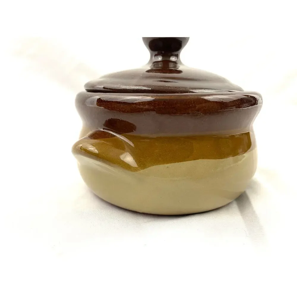 VTG Stoneware Pottery Bean Pot Double‎ Handled Brown 3 Tones Small
